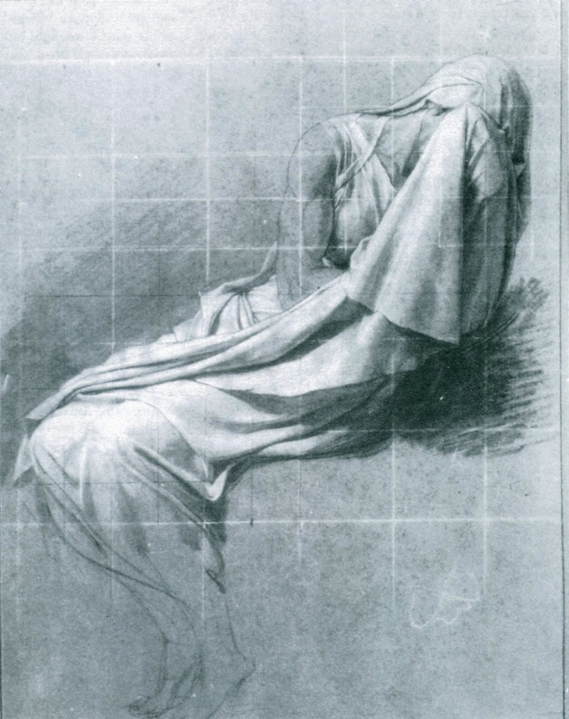 Jacques-Louis David (1748-1825) Estudio para Bruto, lápiz negro e iluminaciones en blanco sobre papel gris y cuadriculado con yeso blanco.